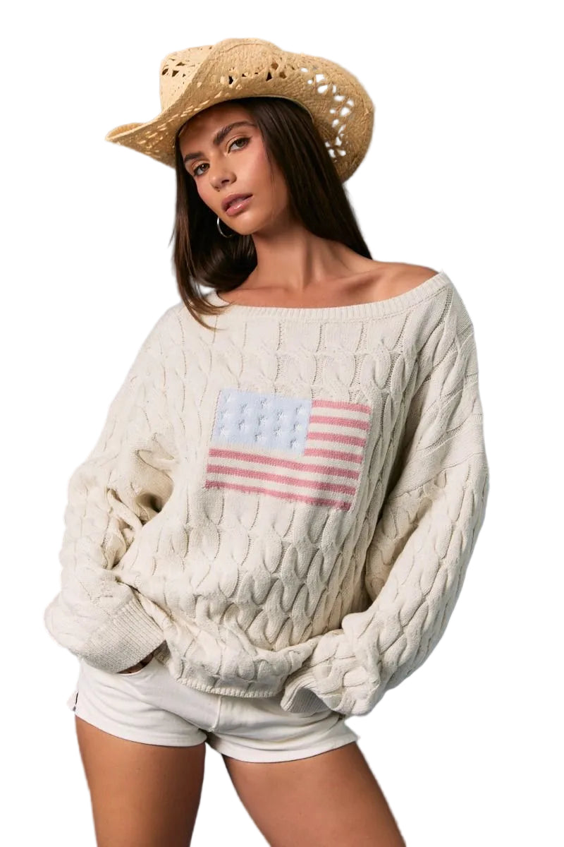 Women’s Cream American Flag Cable Knit Sweater