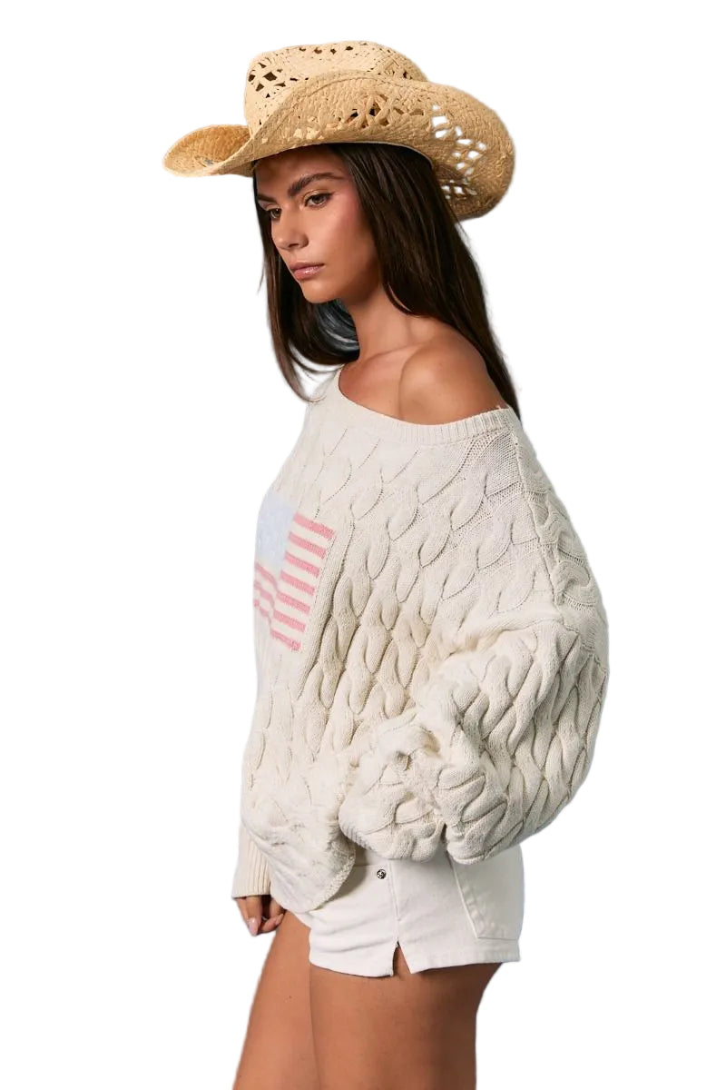 Women’s Cream American Flag Cable Knit Sweater
