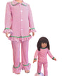 Pink and white striped pajama set with matching doll outfit on a white background