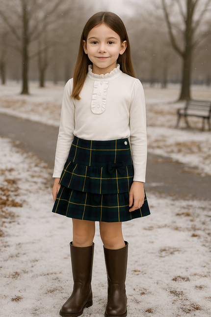 E-Land Girls’ Ruffle Top, Tartan Skirt & Riding Pants