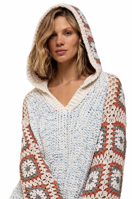 POL Chenille Granny Square Crochet Knit Sweater Beachy Bohemian Hoodie
