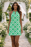 Green Cotton Halter Mini Dress – Embroidered Wedding Guest Dress