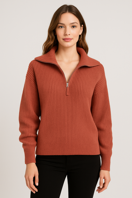 Half Zip Ribbed Sweater for Women – Cozy Cotton Blend Balloon Sleeve Knit