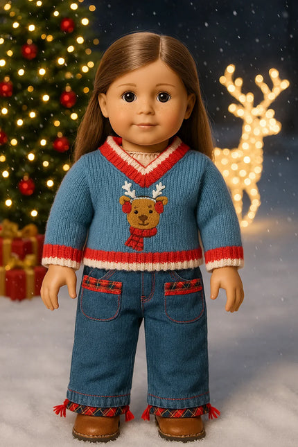 🎄REINDEER HOLIDAY Knit & denim  2-Piece outfit   for American Girl Doll