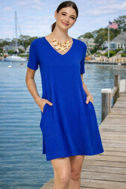 women cobalt blue v neck short sleeve swing dress with pockets front view