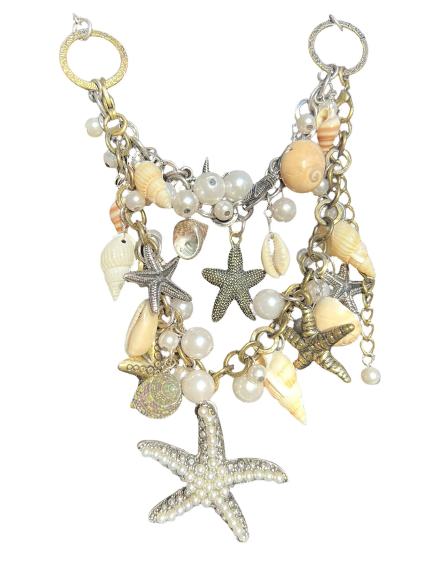 Conch Starfish Seashell Pearls Beach Statement Necklace - Gold & Silver Two-Tone, Convertible Bracelet & Necklace Set for Weddings, Anniversaries, Vacations & Special Occasions
