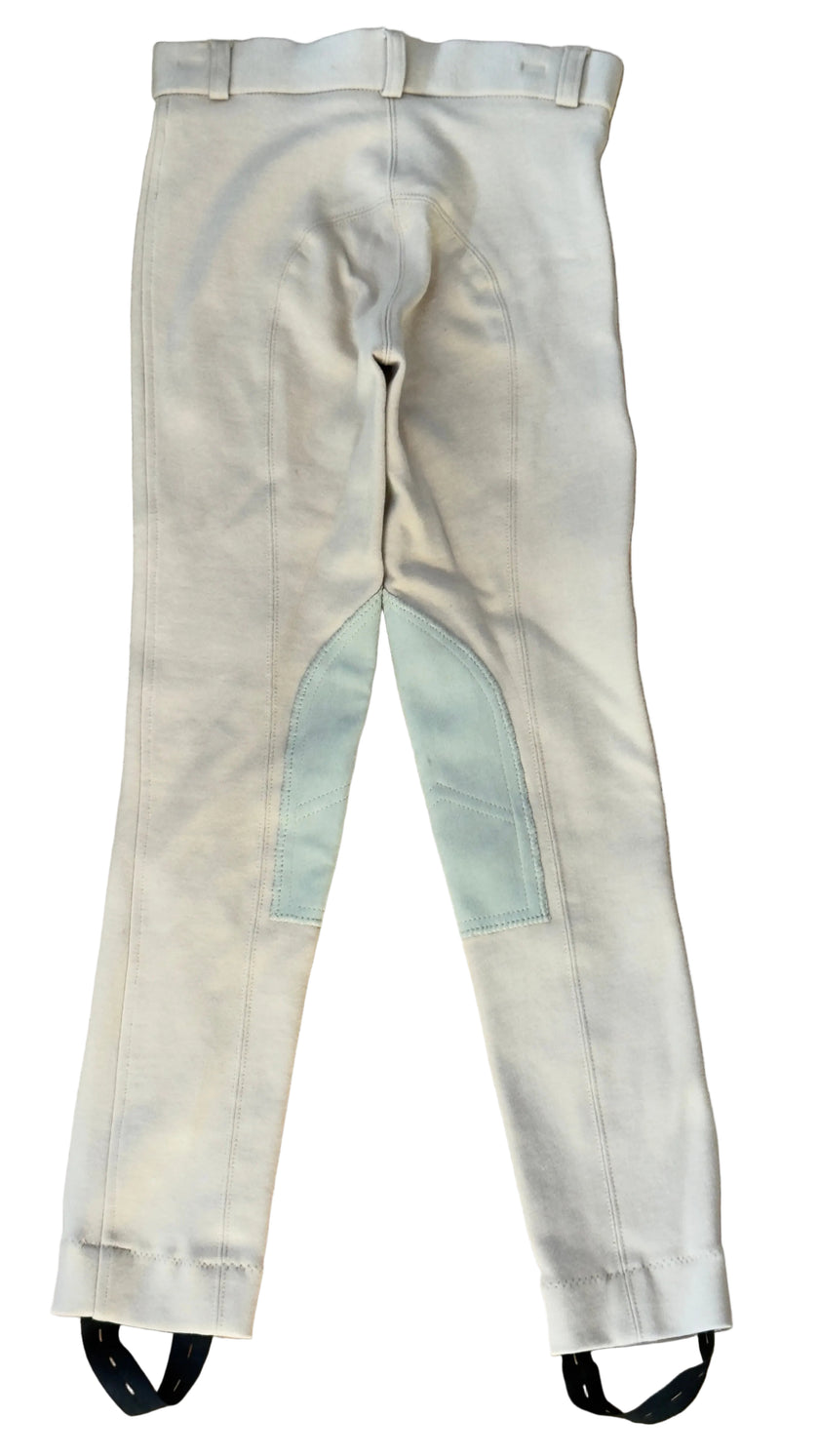 Consignment NWOT tan riding leggings, size 13/14, with elastic waistband and faux-suede knee patches double stitching  