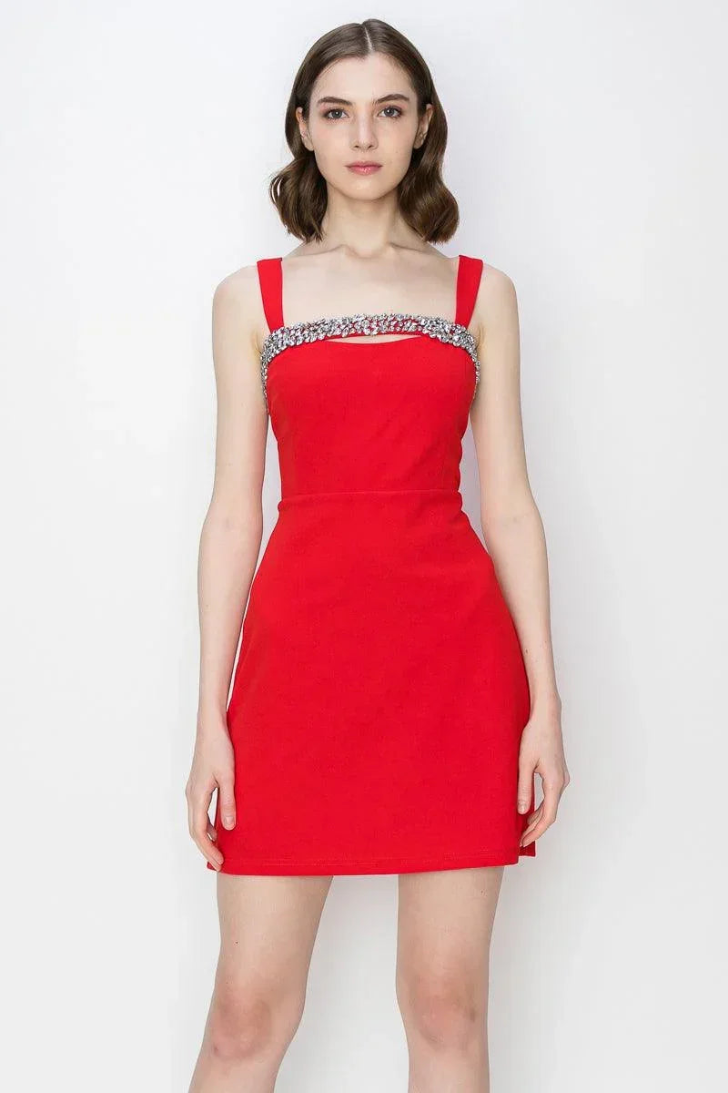 Crystal Embellished Front Cut-out Detail Mini Dress - Cape Cod Fashionista