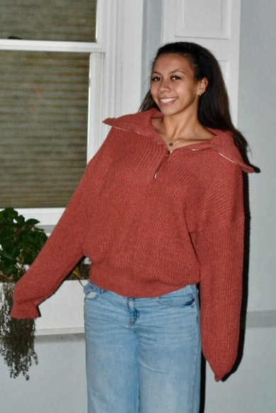 Half Zip Ribbed Sweater for Women – Cozy Cotton Blend Balloon Sleeve Knit