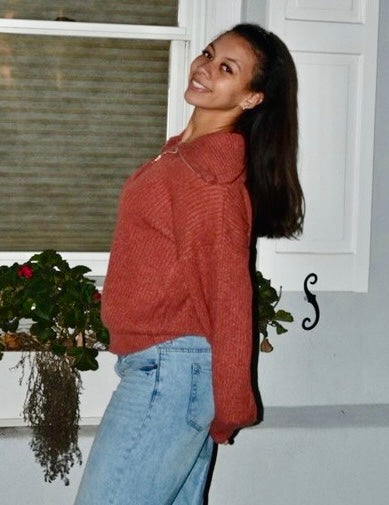 Half Zip Ribbed Sweater for Women – Cozy Cotton Blend Balloon Sleeve Knit