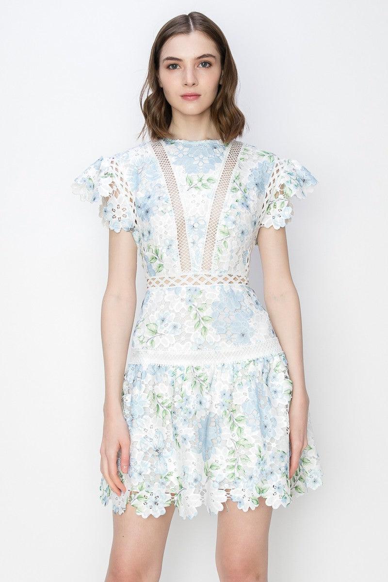 Flutter Sleeves Floral Print Ruffle Hem Mini Dress