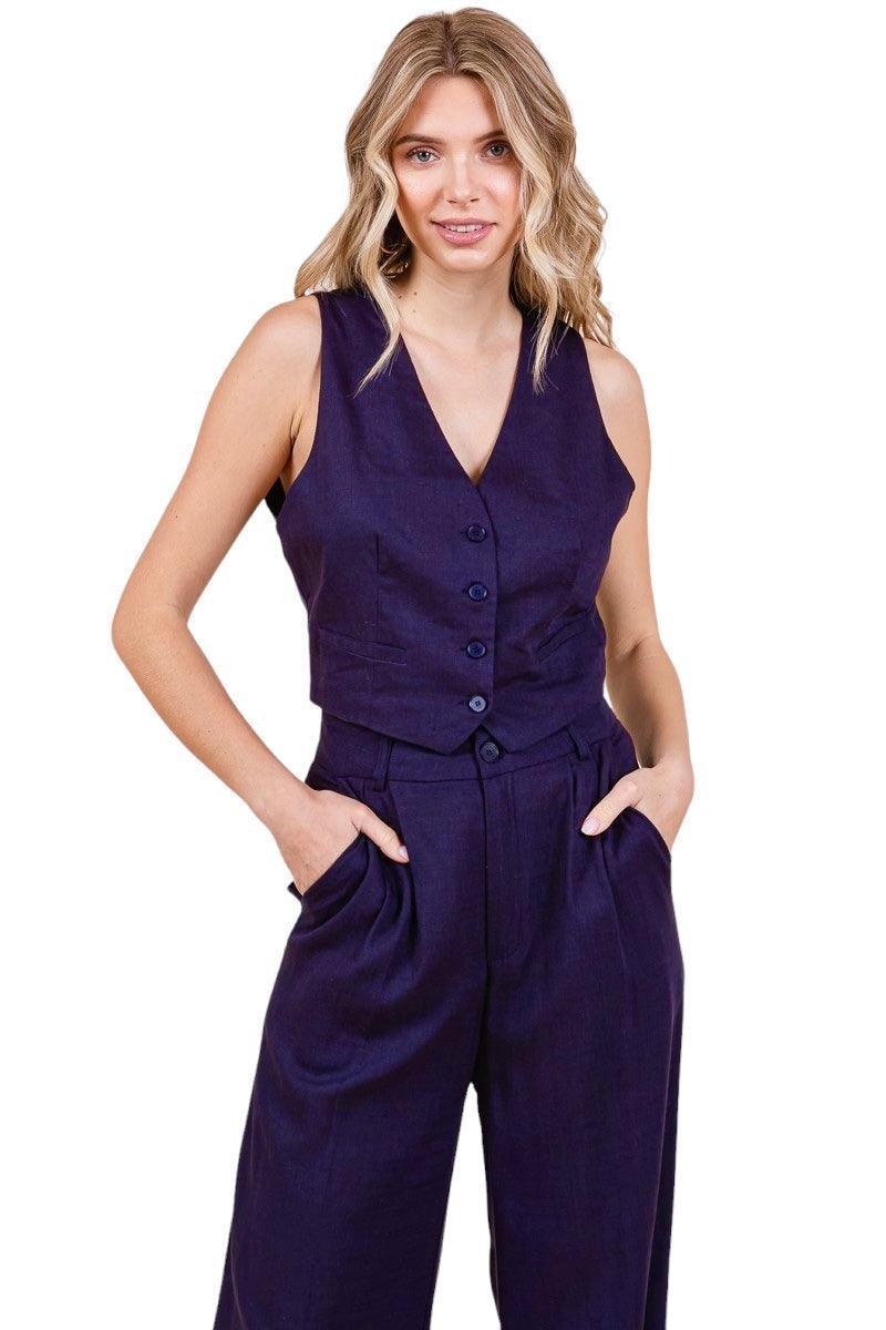 Chic Linen Navy Blue Tailored Vest & Wide Leg Pant Set