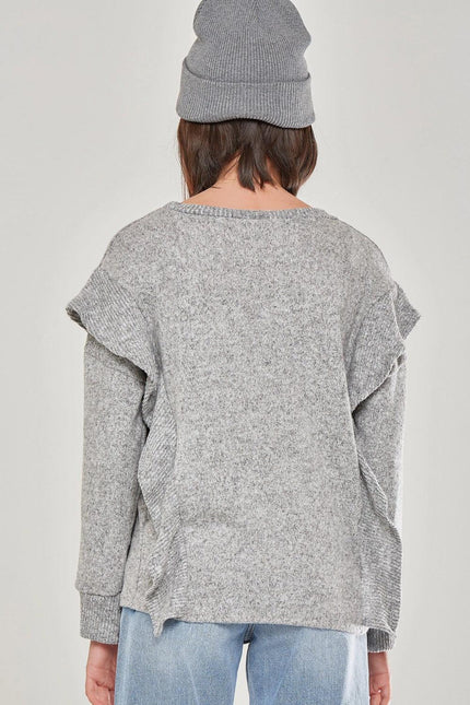 Good Girls Ruffle Slit Cuffs Knit Sweater