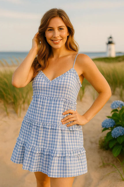 Gingham Babydoll Cotton Cami Tiered Dress