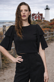 Women’s Black Bow Sleeve Crop Top – Split Short Sleeve Back Zipper