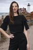 Women’s Black Bow Sleeve Crop Top – Split Short Sleeve Back Zipper