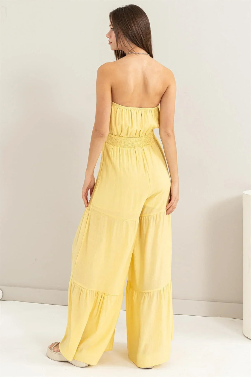 Serena’s Strapless Boho Textured Tiered Temptation Jumpsuit