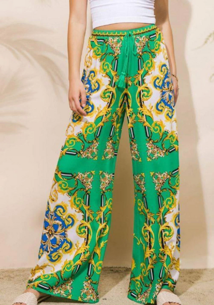Flying Tomato Green Baroque Scarf Print Wide Leg Palazzo Resort Pants
