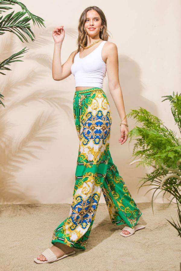 Flying Tomato Green Baroque Scarf Print Wide Leg Palazzo Resort Pants