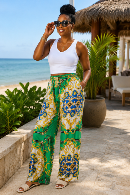 Flying Tomato Green Baroque Scarf Print Wide Leg Palazzo Resort Pants