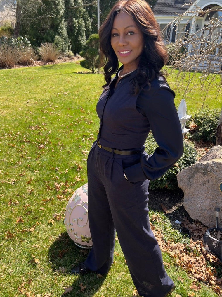 Women’s Navy Linen Vest & Wide Leg Pant Set