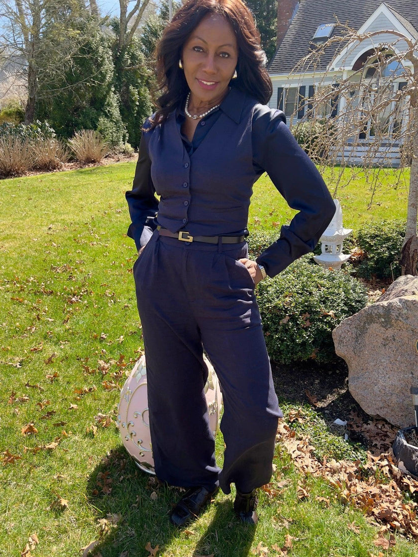 Chic Linen Navy Blue Tailored Vest & Wide Leg Pant Set