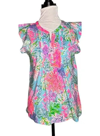 🌺   LILLY PULITZER: Celestial Blue Cay To My Heart Ruffle Sleeveless Top NWT-Med