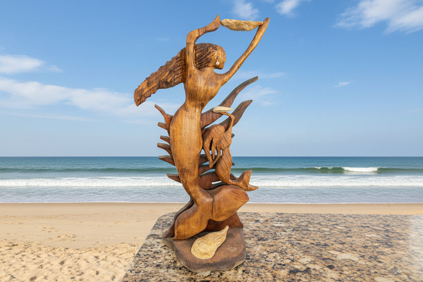 Wooden sculpture of a bird and fish on a marble surface