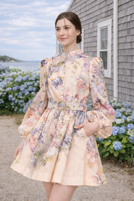 INA Floral Peach Women’s Long Sleeve Mini Dress with Pockets