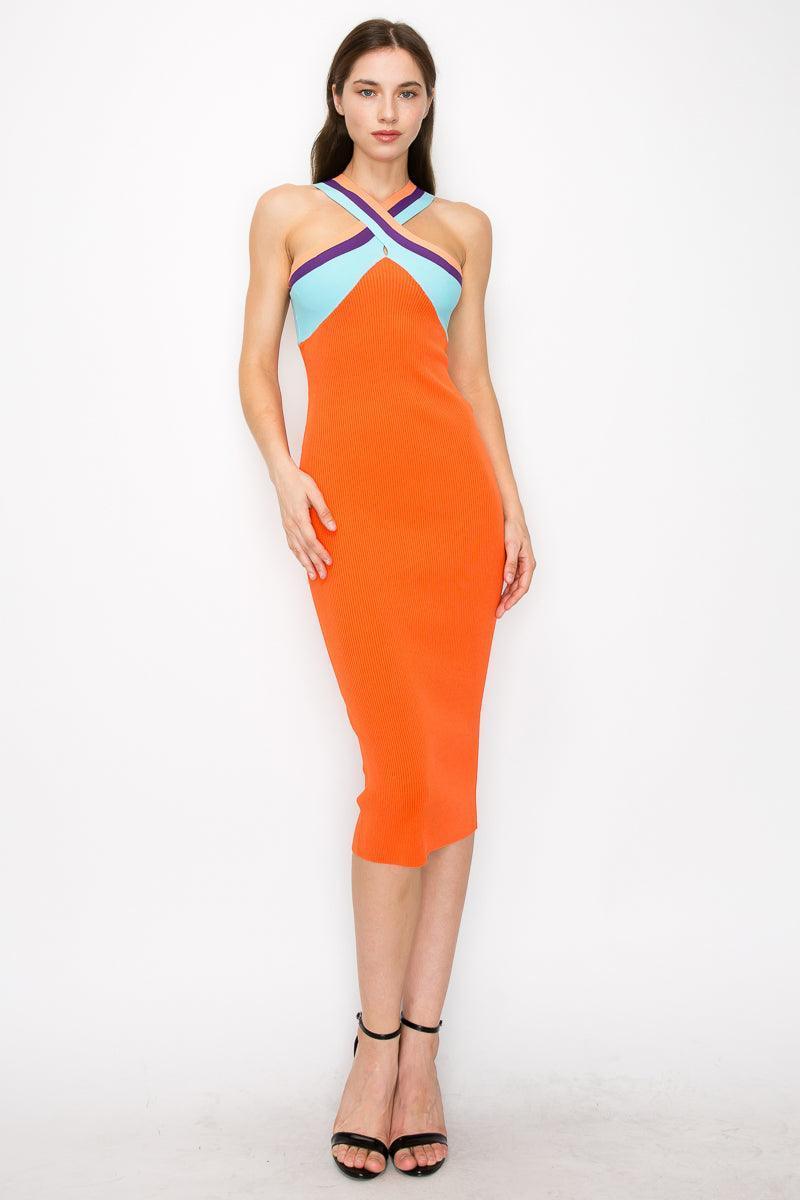Ina Crossover contrast neckline stretch ribbed knit Bodycon midi dress - Cape Cod Fashionista