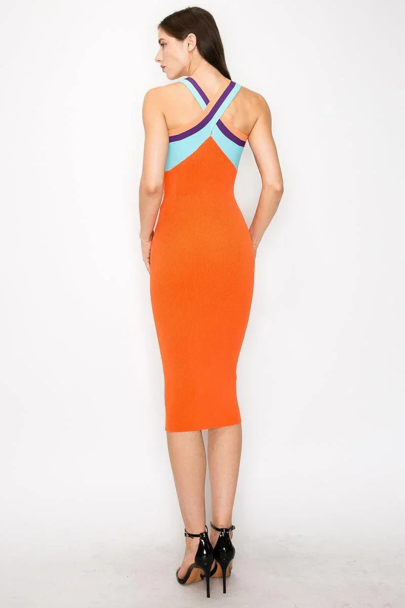 Ina Crossover contrast neckline stretch ribbed knit Bodycon midi dress - Cape Cod Fashionista