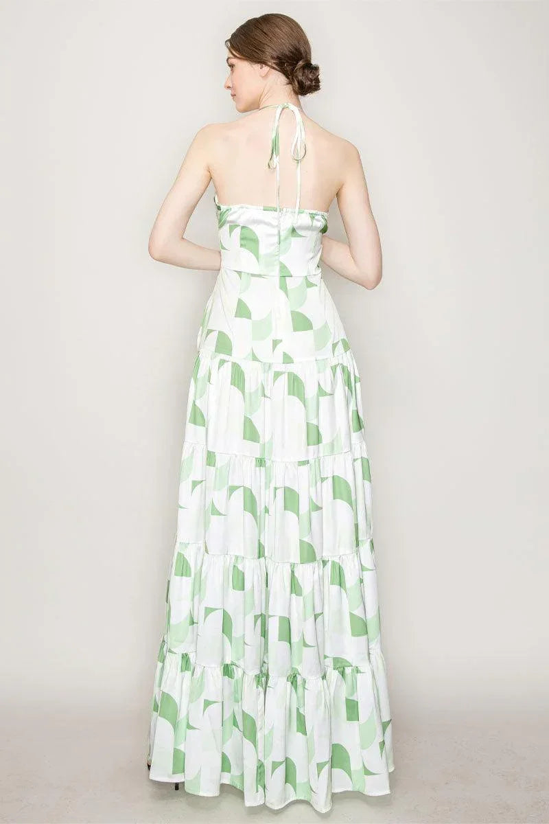 Retro Halter Neck Multi Print Front Cut Out Maxi Dress - Cape Cod Fashionista