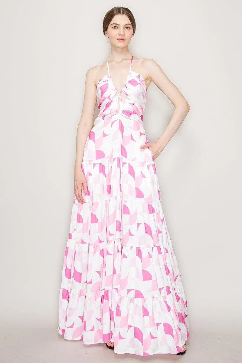 Retro Halter Neck Multi Print Front Cut Out Maxi Dress - Cape Cod Fashionista