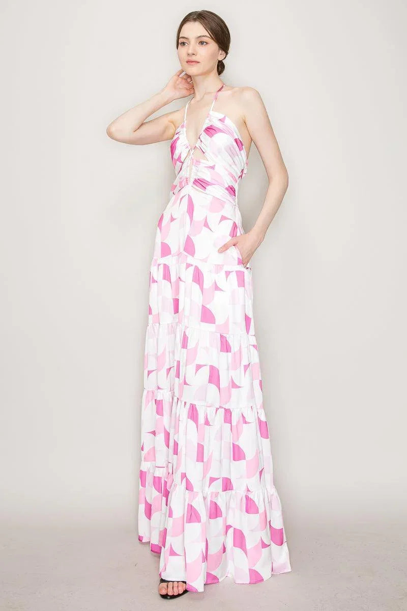 Retro Halter Neck Multi Print Front Cut Out Maxi Dress - Cape Cod Fashionista