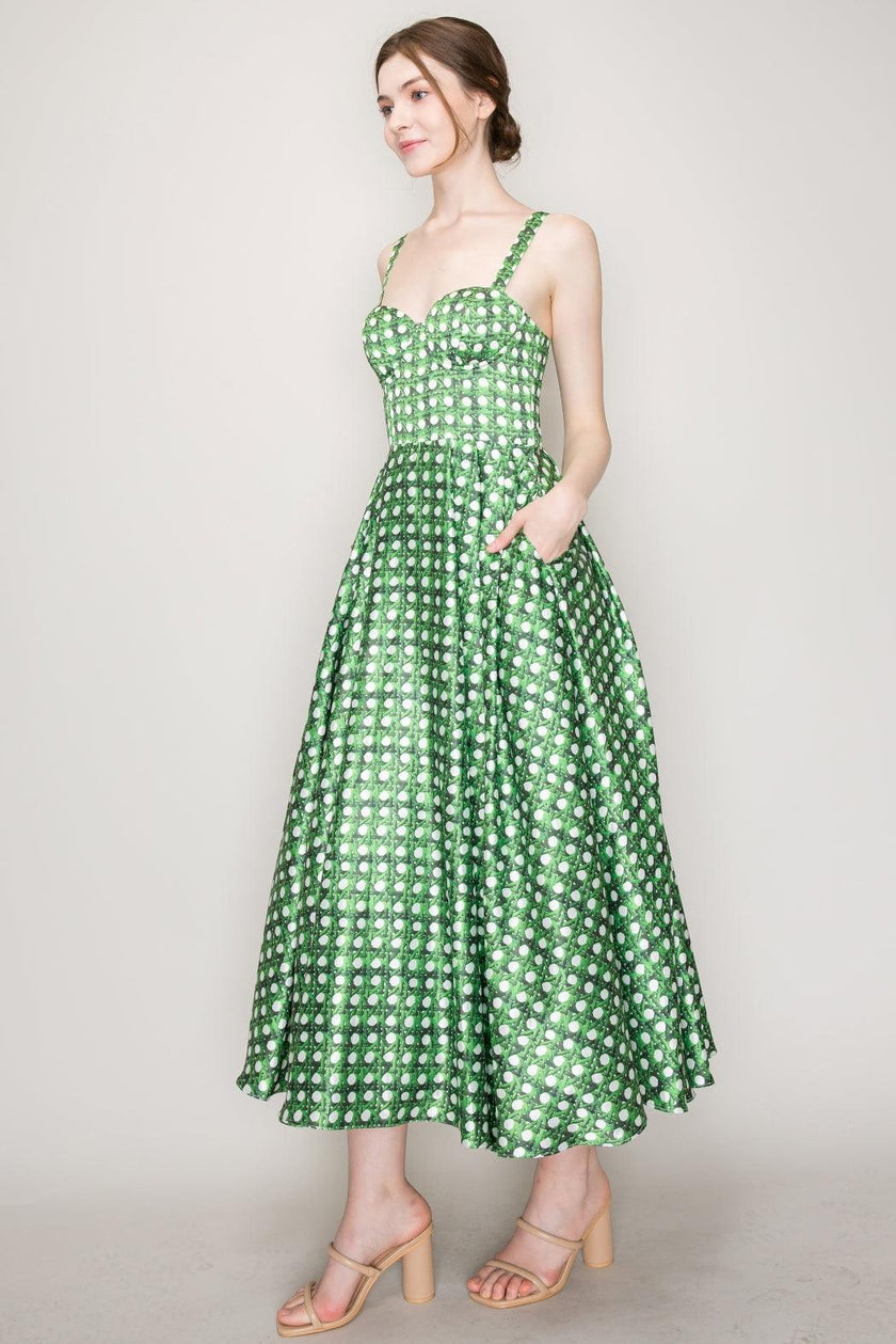 Ina Satin Trellis Print Bustier Flared Midi Dress - Cape Cod Fashionista