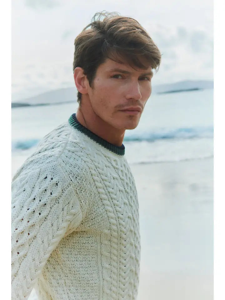 Inishbeg Striped Merino Aran Crew – Men’s Sweater, Made in Ireland