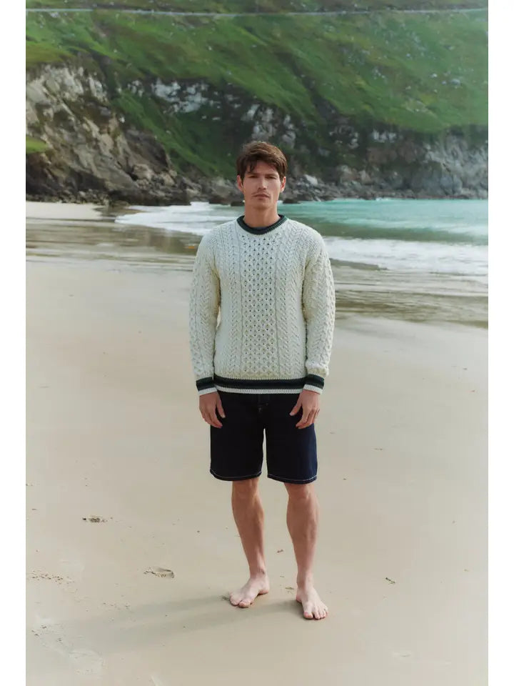 Inishbeg Striped Merino Aran Crew – Men’s Sweater, Made in Ireland
