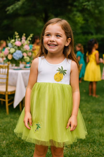 JUSBE KIDS-  Pineapple Jeweled Tulle Dress – Hand-Sewn Rhinestone Party Dress