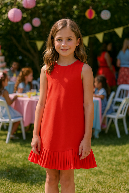JUSBE- Tween Girls Pleated Hemline Sleeveless Red Dress