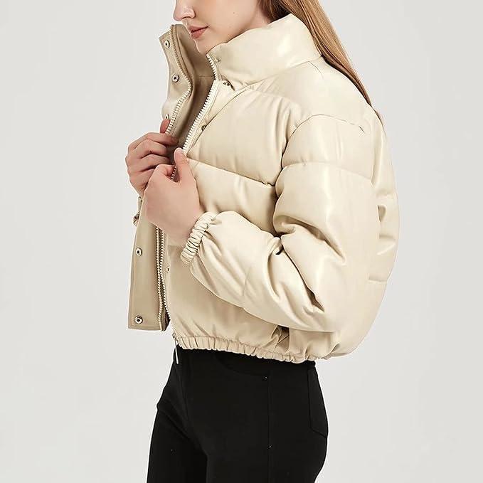 Women's Faux Leather Crop Puffer Jacket