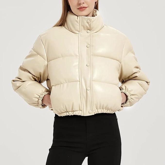 Women's Faux Leather Crop Puffer Jacket