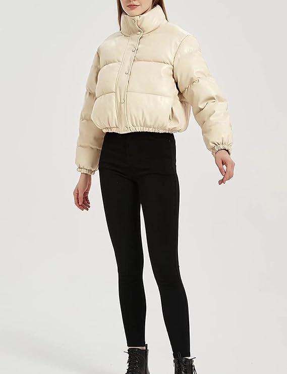 Women's Faux Leather Crop Puffer Jacket