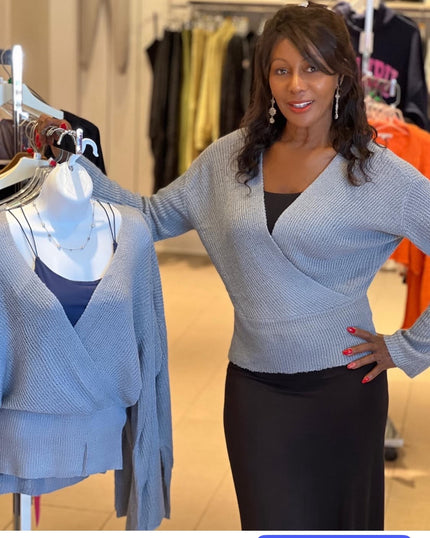 Lightweight Faux Wrap Sweater – Soft Blue