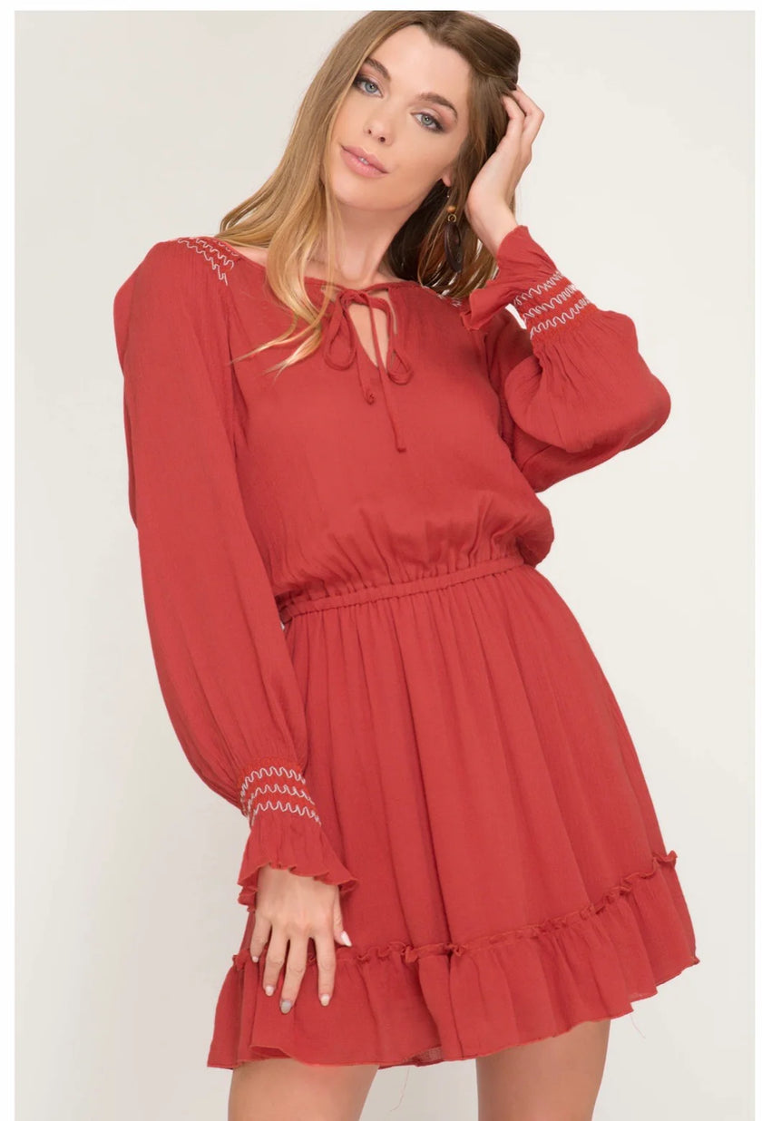 Long Sleeve Smocked Boho Ruffle Hem Dress