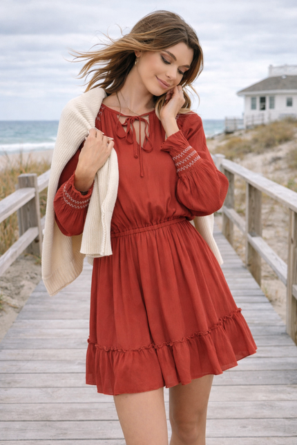 Long Sleeve Smocked Boho Ruffle Hem Dress