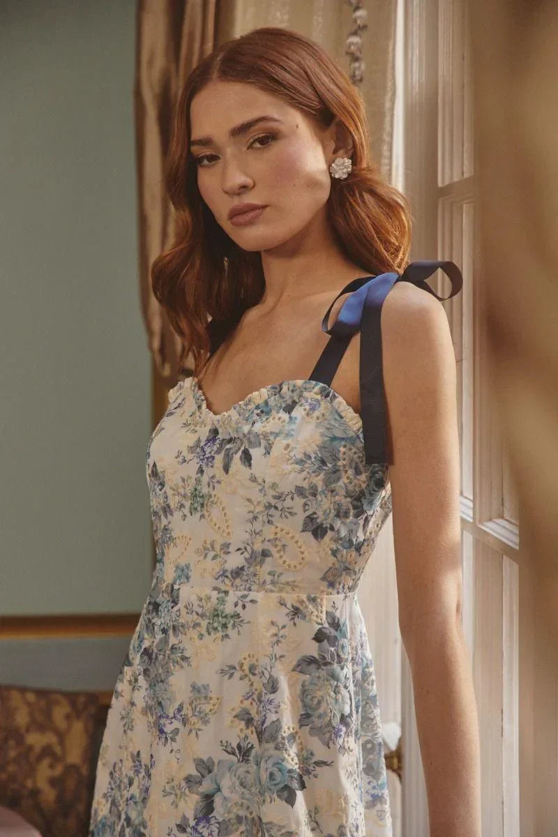 Provencal Floral Eyelet Blue Midi Dress