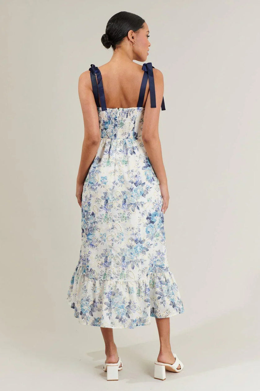 Provencal Floral Eyelet Blue Midi Dress