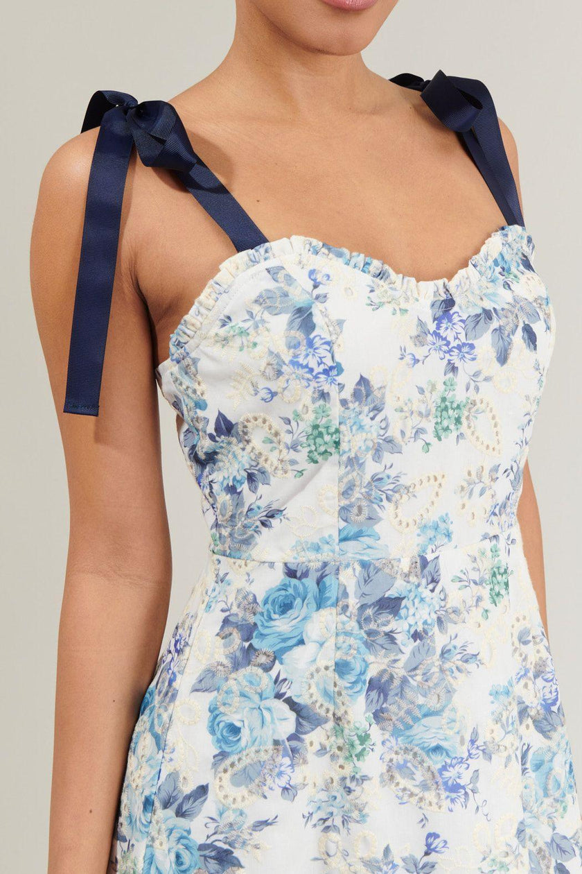 Provencal Floral Eyelet Blue Midi Dress