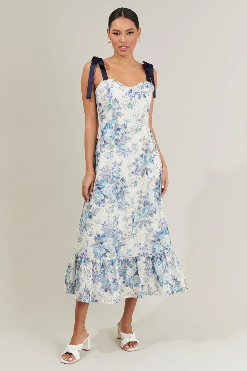 Provencal Floral Eyelet Blue Midi Dress
