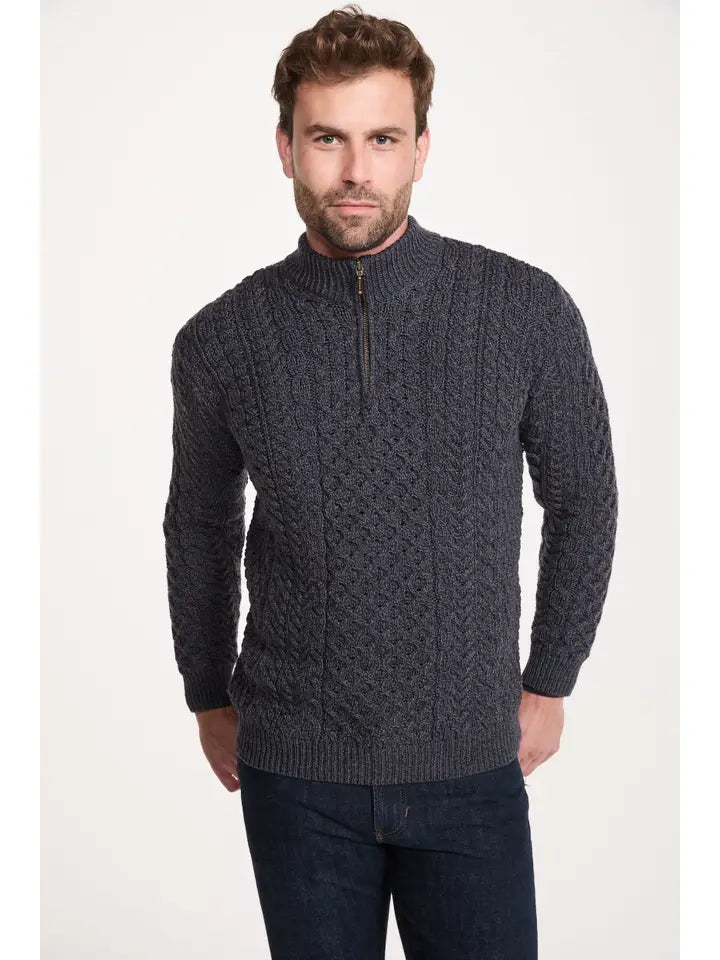 Merino Aran Half Zip Sweater – 100% Merino Wool, Irish Cable Knit